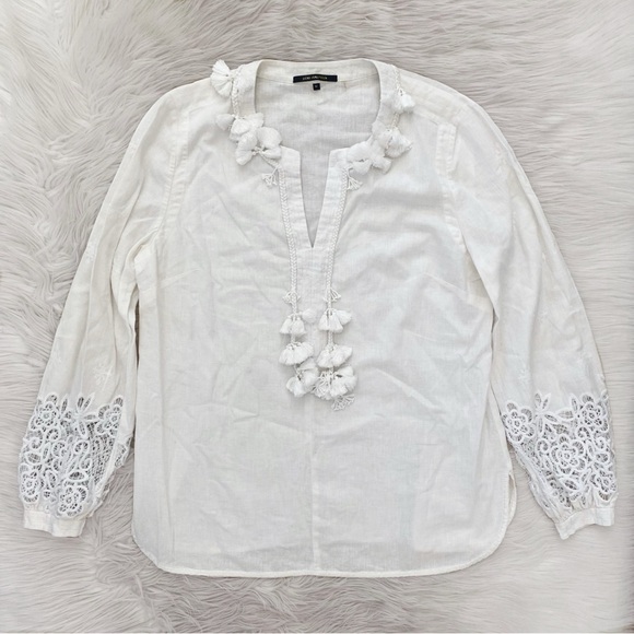 Kobi Halperin Tops - Kobi Halperin Linen Blend White Tassel Neckline Blouse Split Neck Tunic Top